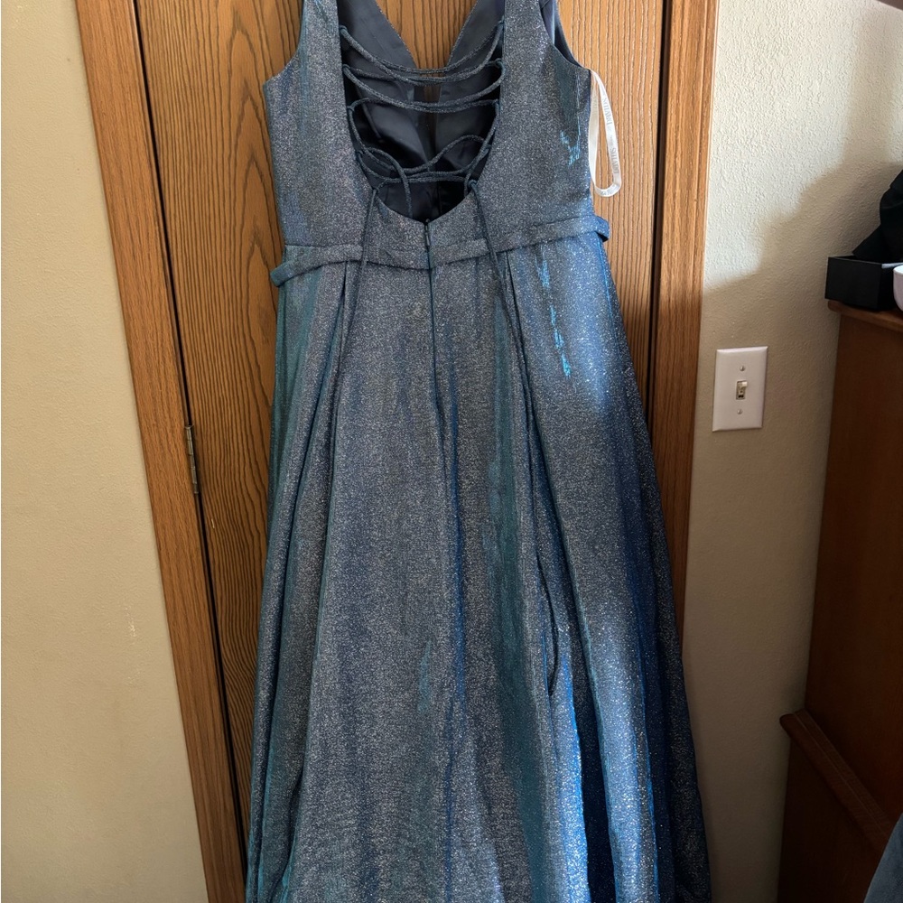 David's Bridal Shimmery Teal-Blue V-Neck Prom Gown - Picture 2 of 4